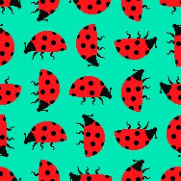 Ladybug pixel art pattern seamless. 8 bit Red small bug background. beetle ve Stock Illustration