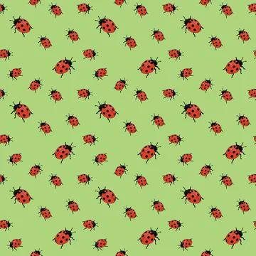 Ladybug Seamless Pattern on Green Background with Red and Black Spotted Beetl 库存插图