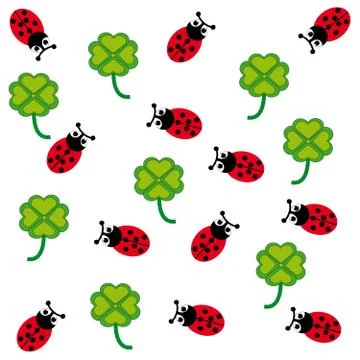 Ladybugs and cloverleafs on white background Stock Illustration