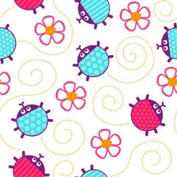 Ladybugs and flowers seamless vector pattern. Stock Illustration