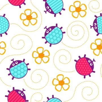 Ladybugs and flowers seamless vector pattern. Stock Illustration