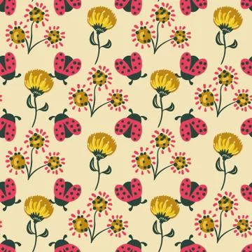 Ladybugs and flowers seamless vector pattern Stock Illustration