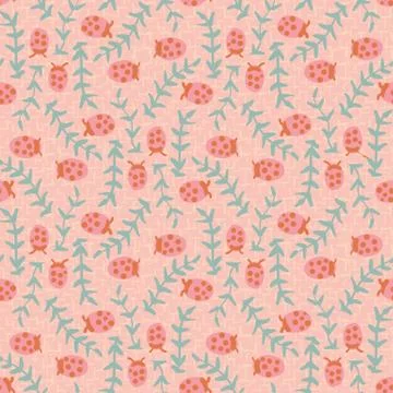 Ladybugs and leaves seamless vector pattern Stock Illustration