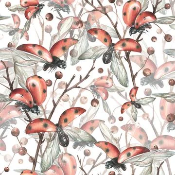 Ladybugs in flight from different angles against the background of autumn apple Stock Illustration