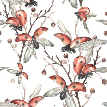 Ladybugs in flight from different angles against the background of autumn apple Illustrazione stock