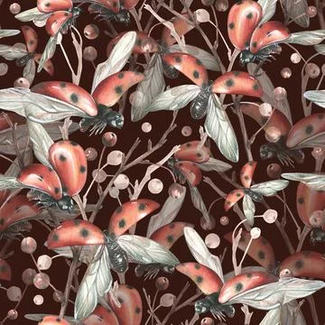 Ladybugs in flight from different angles against the background of autumn apple Stock Illustration