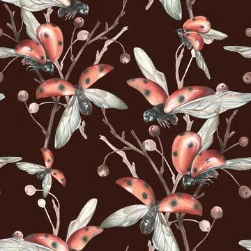 Ladybugs in flight from different angles against the background of autumn apple Illustrazione stock
