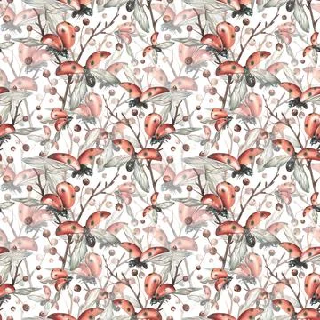 Ladybugs in flight from different angles against the background of autumn apple Stock Illustration