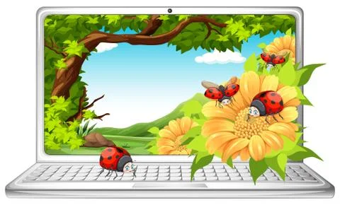 Ladybugs in garden on computer screen Illustrazione stock