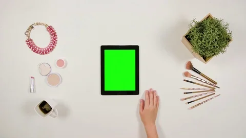 Lady's Finger Scrolling on the Green Touchscreen Stock Footage 85453914