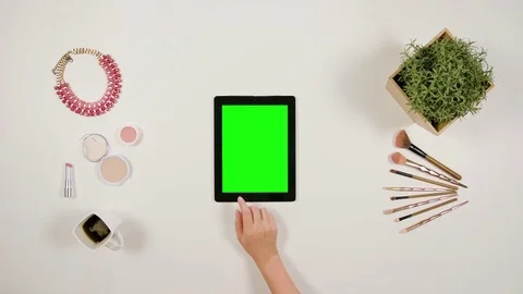 Lady's Finger Scrolling on the Green Touchscreen Stock Footage 85454847