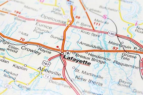 Lafayette city road map area. Closeup macro view Stock Photos