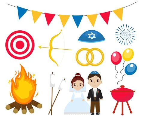 Lag Baomer icon set flat style, Lag B'Omer Jewish holiday collection objects Stock Illustration