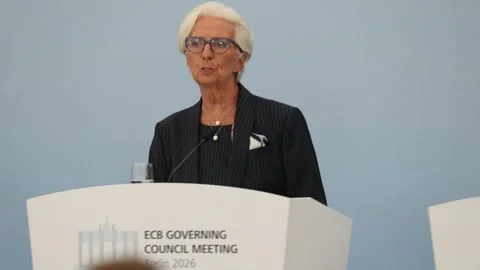 Lagarde holds press conference after ECB Governing Council meeting in Berlin, Be 스톡 동영상 345157828