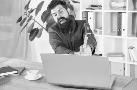 Lagging system. Hate office routine. Man bearded crush computer. Software Stock Photos