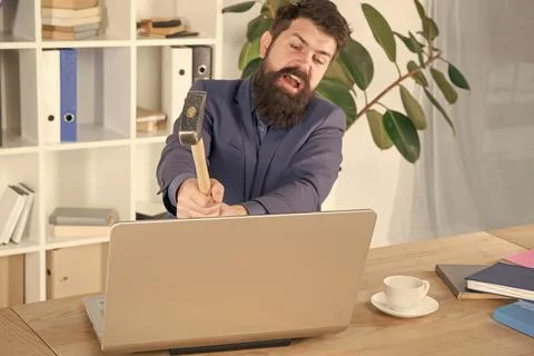 Lagging system. Hate office routine. Man bearded crush computer. Software Stock Photos