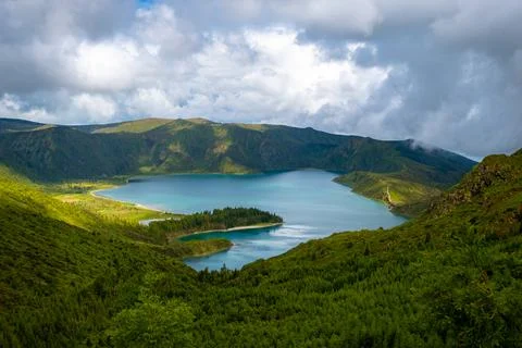 Lagoa do Fogo with dramatic clouds, São Miguel, Azores islands. Stock Photos
