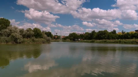 Lagoon and Fountain in Laguna de Duero Near Valladolid, Spain Stock Footage 314491053