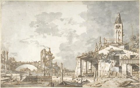 Lagoon Capriccio (recto); Architectural Scene (verso) 16971768 Canaletto (G.. Ilustração Stock