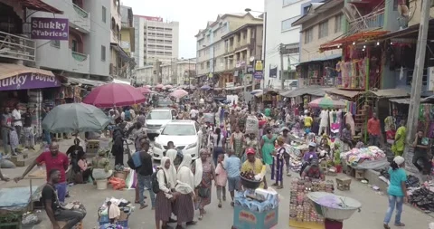 LAGOS NIGERIA, DRONE SHOT OF A CROWDED MAEKRT Stock Footage