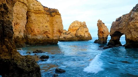 Lagos, Ponta da Piedade, waves coming in at high tide Stock Footage 87038266
