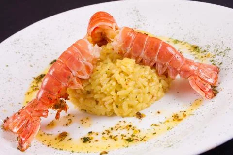 Lagostin with risotto Stock Photos