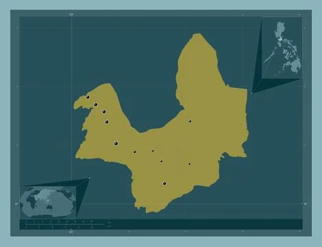 Laguna, Philippines. Solid color shape. Locations of major cities of the regi Stock Illustration