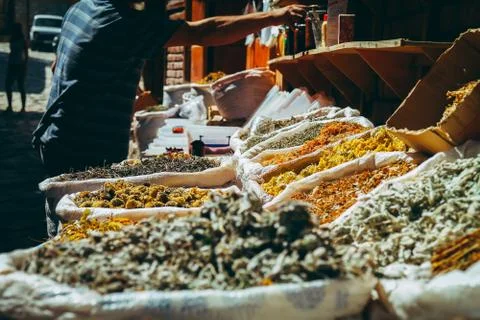 Lahic, Azerbaijan - 17th September 2017: Various spices in sacks on sale. Stock Photos