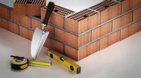Laid bricks and construction tools isolated on white background. 3D illust... Stock Photos