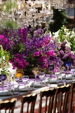 Laid celebration dinner table with empty beautiful tableware for holiday outdoor Stock Photos