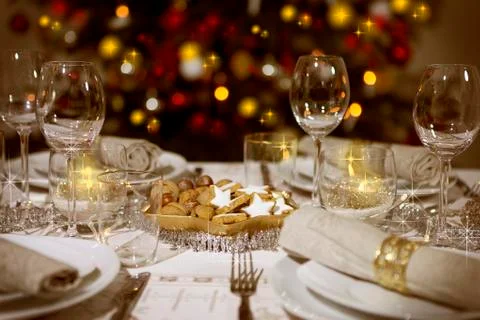 Laid table with christmas tree Stock Photos