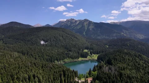 Lake Among Pine Forests and Cloudy Blue Sky Vídeo Stock 334734940