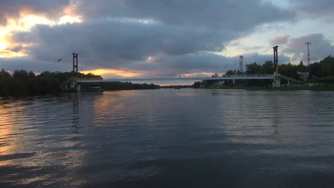 Lake and Bridge View at Sunset Stock Footage 121530896