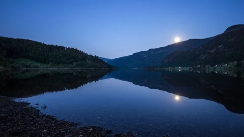 Lake and Full Moon Time Lapse in Nesbyen, Norway Stock Footage 100191136