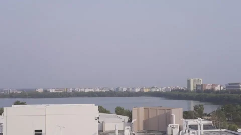 Lake and rooftop view pan right to left 50fps Video stock 247402466