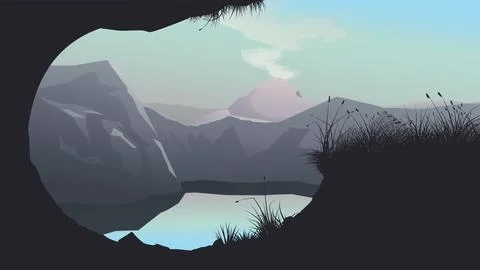 Lake arounded mountains at sunset with reflect Stock Illustration