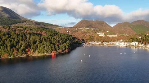 Lake Ashi | Hakone Town | Torii Gate | Autumn - 4K Aerial Video Stock Footage 329054774