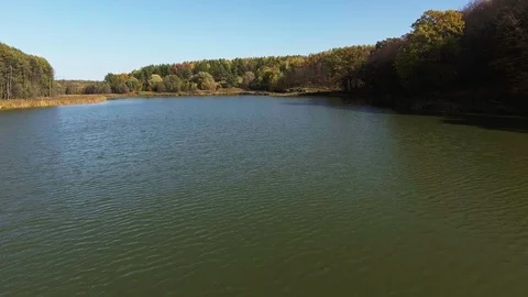 Lake background over blue sky, autumn forest Video stock 87836458