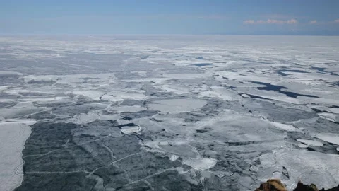 Lake Baikal in spring. Ice drift. Top view panorama Stock Footage 219446981
