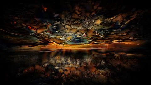 Lake with beautiful clouds in the background and artistic effect. Stock Illustration