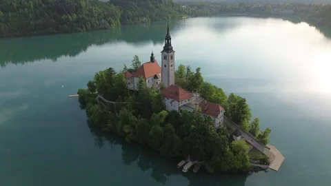 Lake Bled Aerial View of Turquoise Water and Shoreline in Spring Stock Footage 337230652