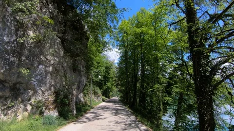 Lake Bled empty promenade asphalt road, Slovenia. Beautiful spring day Stock Footage 129698598
