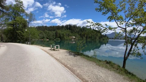 Lake Bled empty promenade asphalt road, Slovenia Stock Footage 129698655