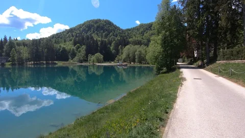 Lake Bled empty promenade asphalt road, Slovenia Stock Footage 129699467