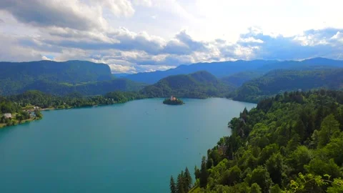 Lake Bled extra wide panorama lake with island and church in Slovenia Stock Footage 157142705
