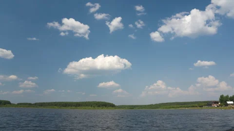 Lake with blue sky and clouds reflected in water. Stock Footage 248580845
