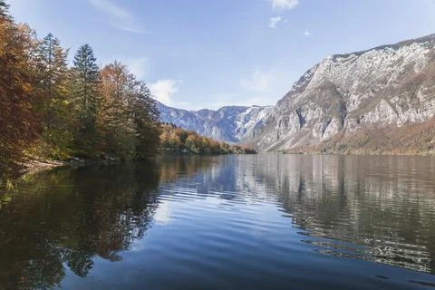 Lake Bohinj which reflects the Alps. Triglav National Park in Slovenia Stock Photos