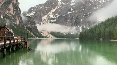 Lake Braies on a rainy day, Dolomites, Italy Video stock 146011253