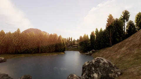 A lake with a cabin surrounded by trees Stock Footage 280082707