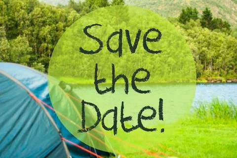 Lake Camping, Text Save The Date Foto stock
